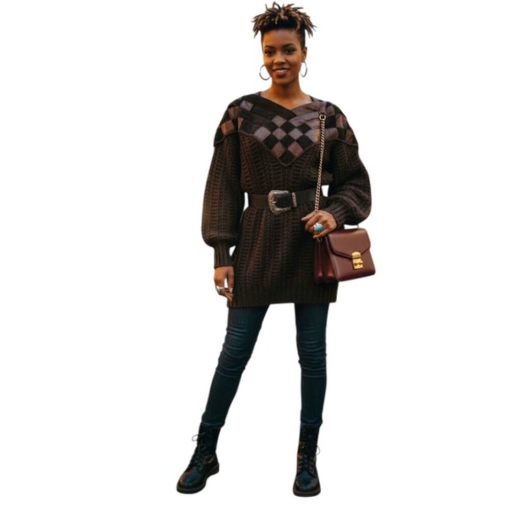 NORMA Vintage 80s Hand Knit Weave Leather Chunky Sweater Dress Tunic Top Brown M